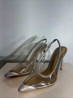 Schutz Audrey Crystal Slingback Pumps Silver Clear PVC Pointed Toe Heels Sz 7B